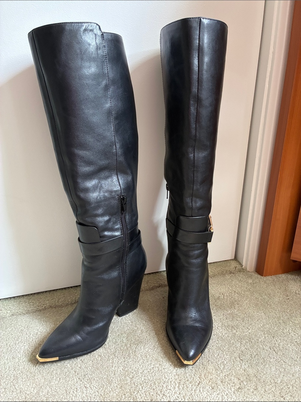 Aldo Black Leather Knee-High Wedge Boots with Gold Toe Detail